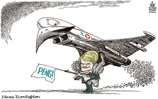 Oliver Schopf, politischer Karikaturist aus Österreich, politische Karikaturen aus Österreich, Karikatur Cartoon Illustrationen Politik Politiker Österreich 2020 : EUROFIGHTER KAMPFJET ZAHLUNGEN  VERTEIDIGUNGSMINISTERIN KLAUDIA TANNER ANKLAGE UNTERSUCHUNGEN 
AIRBUS VOGEL 
