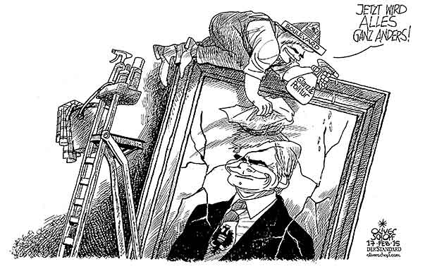 Oliver Schopf, politischer Karikaturist aus Österreich, politische Karikaturen aus Österreich, Karikatur Cartoon Illustrationen Politik Politiker Österreich 2015 BUNDESKANZLER WERNER FAYMANN
BILD IMAGE GEMAELDE PORTRAET PUTZEN POLITUR REINIGUNG SAEUBERN BOULEVARD


