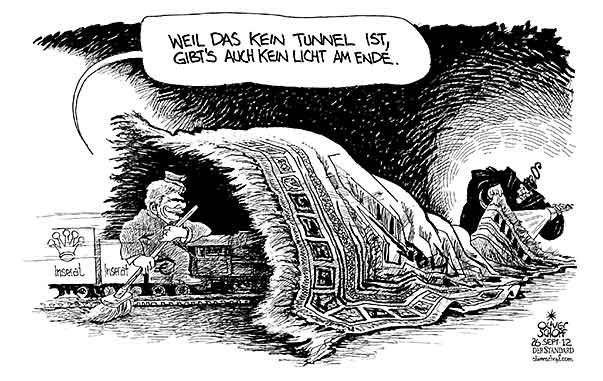 Oliver Schopf, politischer Karikaturist aus Österreich, politische Karikaturen aus Österreich, Karikatur, Illustrationen Politik Politiker Österreich 2012 FAYMANN WERNER SPOE INSERAT OEBB ZUG TEPPICH KEHREN TUNNEL LICHT JUSTIZ