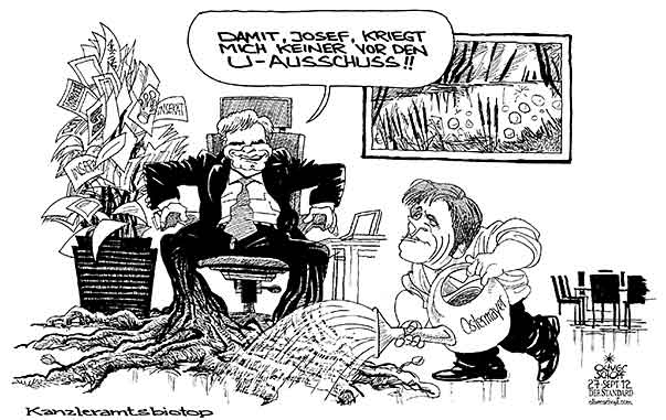 Oliver Schopf, politischer Karikaturist aus Österreich, politische Karikaturen aus Österreich, Karikatur, Illustrationen Politik Politiker Österreich 2012 FAYMANN WERNER OSTERMAYER JOSEF INSERATE AFFAERE OEBB ASFINAG KORRUPTION U-AUSSCHUSS LADUNG BUNDESKANZLERAMT BUERO BALLHAUSPLATZ PFLANZEN WURZELN SCHLAGEN GIESSEN