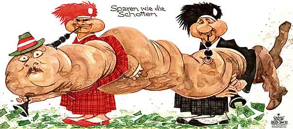 Oliver Schopf, editorial cartoons from Austria, cartoonist from Austria, Austrian illustrations, illustrator from Austria, editorial cartoon politics politician Austria 2012 WERNER FAYMANN MICHAEL SPINDELEGGER AUSTERITY SCOT BAGPIPE







