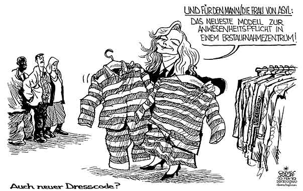 Oliver Schopf, politischer Karikaturist aus Österreich, politische Karikaturen aus Österreich, Karikatur, Illustrationen Politik Politiker Österreich 2010: fekter asyl, fluechtling mode straeflingskleidung dresscode anwesenheitspflicht erstaufnahmezentrum