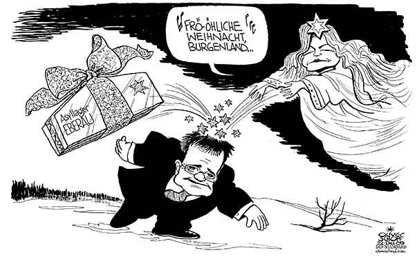 Oliver Schopf, politischer Karikaturist aus Österreich, politische Karikaturen aus Österreich, Karikatur, Illustrationen Politik Politiker Österreich 2009: maria fekter, hans niessl, burgenland, eberau, asyllager, weihnachten, geschenk, christkind



   