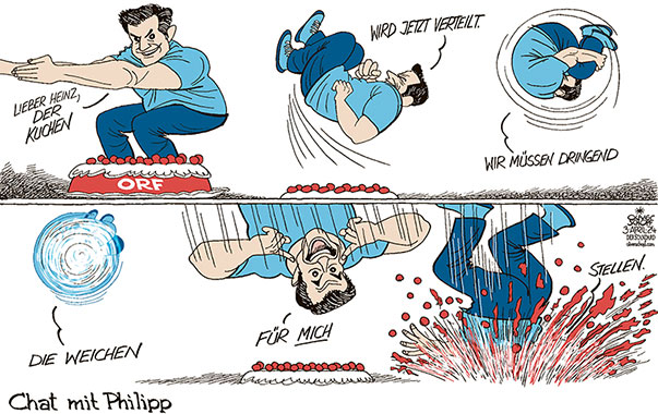 Oliver Schopf, politischer Karikaturist aus Österreich, politische Karikaturen aus Österreich, Karikatur Cartoon Illustrationen Politik Politiker Österreich 2024: FIT MIT PHILLIPP JELINEK CHAT STRACHE KUCHEN TORTE ORF POSTEN SALTO TURNER TURNÜBUNGEN VORTURNER DER NATION
 
