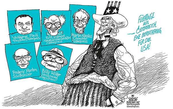 Oliver Schopf, politischer Karikaturist aus Österreich, politische Karikaturen aus Österreich, Karikatur Cartoon Illustrationen Politik Politiker Österreich 2015 : FLÜCHTLINGE EMIGRATION EXIL AUSWANDERN USA UNCLE SAM WOLFGANG PAULI ERIC KANDEL MARTIN KARPLUS FREDERIC MORTON BILLY WILDER

