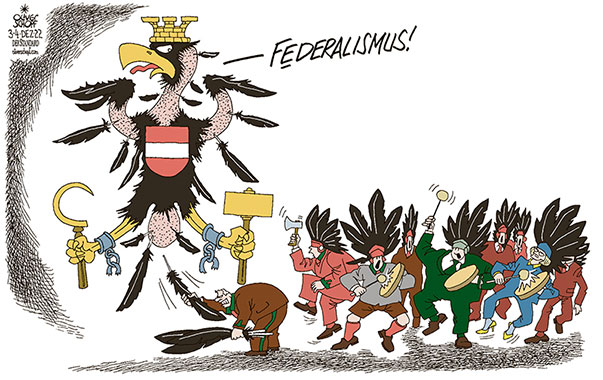 Oliver Schopf, politischer Karikaturist aus Österreich, politische Karikaturen aus Österreich, Karikatur Cartoon Illustrationen Politik Politiker Österreich 2022: FÖDERALISMUS BUND LÄNDER STAAT BUNDESADLER LANDSHAUPTLEUTE LANDESHAUPTFRAU FEDERN LASSEN RUPFEN KOPFSCHMUCK INDIANER




