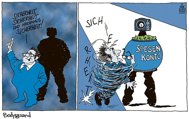 Oliver Schopf, politischer Karikaturist aus Österreich, politische Karikaturen aus Österreich, Karikatur Cartoon Illustrationen Politik Politiker Österreich 2019 : FPÖ STRACHE BODYGUARD SPENDENKONTO IBIZA VIDEO SICHERHEIT LICHT DUNKEL  
