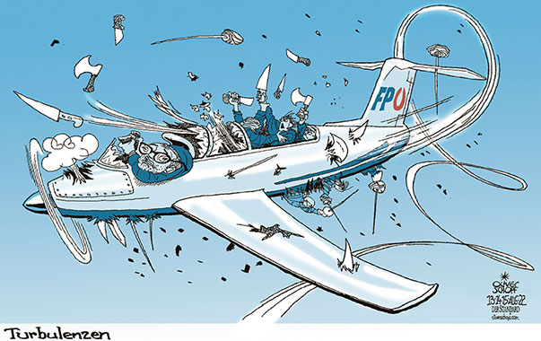 Oliver Schopf, politischer Karikaturist aus Österreich, politische Karikaturen aus Österreich, Karikatur Cartoon Illustrationen Politik Politiker Österreich 2022: FPÖ JENEWEIN ANZEIGE KICKL OBMANN PILOT TURBULENZEN KRAWALL FLUGZEUG MESSER HACKEL SCHLÄGER 

