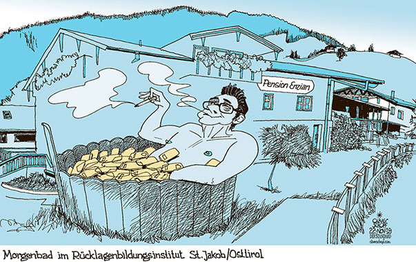 Oliver Schopf, politischer Karikaturist aus Österreich, politische Karikaturen aus Österreich, Karikatur Cartoon Illustrationen Politik Politiker Österreich 2019 : FPÖ HC STRACHE GOLDBARREN GELDANLAGEN RÜCKLAGE BILDUNGSINSTITUT ST. JAKOB DEFEREGGENTAL OSTTIROL PENSION ENZIAN CASINOS AUSTRIA AFFÄRE BAD GELDBAD DAGOBERT DUCK 
