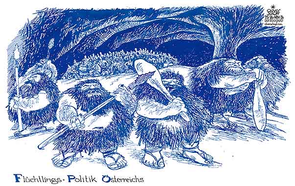  Oliver Schopf, politischer Karikaturist aus Österreich, politische Karikaturen, Illustrationen Archiv politische Karikatur Asylrecht Migration in Österreich  2014 FPOE FLUECHTLINGSPOLITIK ASYL IMMIGRANTEN HEIME AUFNAHMEZENTRUM  HOEBART ERDMENSCHEN HOEHLENMENSCHEN STEINZEIT NEANDERTHALER 




