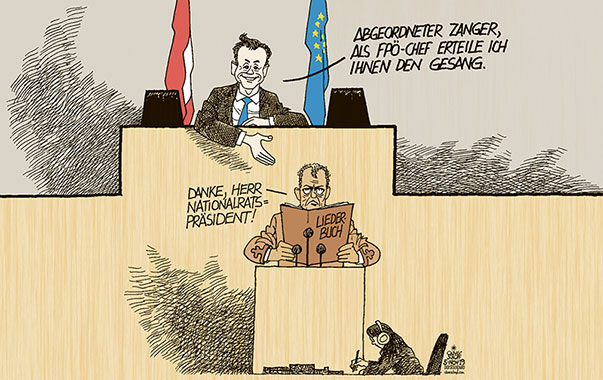Oliver Schopf, politischer Karikaturist aus Österreich, politische Karikaturen aus Österreich, Karikatur Cartoon Illustrationen Politik Politiker Österreich 2019 : FPÖ LIEDERBUCH AFFÄRE ABGEORDNETER ZANGER NORBERT HOFER NATIONALRAT PRÄSIDENT PARTEIOBMANN REDNERPULT
