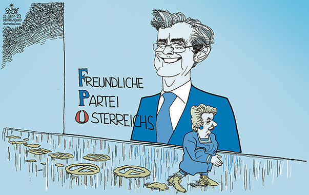  Oliver Schopf, politischer Karikaturist aus Österreich, politische Karikaturen, Illustrationen Archiv politische Karikatur Österreich: Parteien FPÖ 2019 FPÖ NORBERT HOFER URSULA STENZEL IDENTITÄRE REDE TÜRKENBELAGERUNG FREUNDLICHES GESICHT SCHMUTZ BODEN

