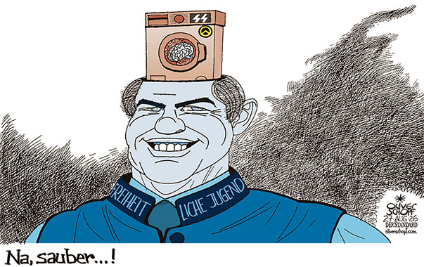 Oliver Schopf, politischer Karikaturist aus Österreich, politische Karikaturen aus Österreich, Karikatur Cartoon Illustrationen Politik Politiker Österreich Cartoon Movement, @oliverschopf.bsky.social 2026: FPÖ FREIHEITLICHE JUGEND IDENTITÄRE AKTION 451 AUSBILDUNG GEHIRNWÄSCHE BLAU BRAUN NEONAZI GEDANKENGUT WASCHMASCHINE

















































