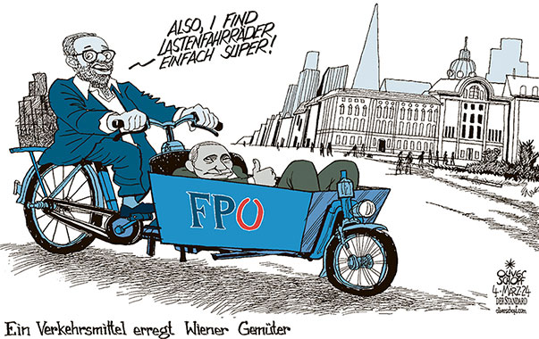 Oliver Schopf, politischer Karikaturist aus Österreich, politische Karikaturen aus Österreich, Karikatur Cartoon Illustrationen Politik Politiker Österreich 2024: FPÖ HERBERT KICKL LASTENRAD LASTENFAHRRAD PUTIN PASSAGIER INSASSE



















