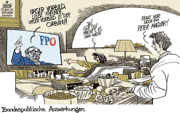 Oliver Schopf, politischer Karikaturist aus Österreich, politische Karikaturen aus Österreich, Karikatur Cartoon Illustrationen Politik Politiker Österreich Cartoon Movement, @oliverschopf.bsky.social 2026: FPÖ HERBERT KICKL ORBÁN VORBILD WAHL UNGARN PETER MAGYAR NACHRICHTEN TV ZIB WOHNZIMMER KÜCHE











































