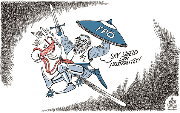 Oliver Schopf, politischer Karikaturist aus Österreich, politische Karikaturen aus Österreich, Karikatur Cartoon Illustrationen Politik Politiker Österreich 2023: EUROPEAN SKY SHIELD INITIATIVE ESSI FPÖ HERBERT KICKL NEUTRALITÄT STECKENPFERD RITTER RÜSTUNG SCHWERT SCHILD REITEN RITT PFERD
