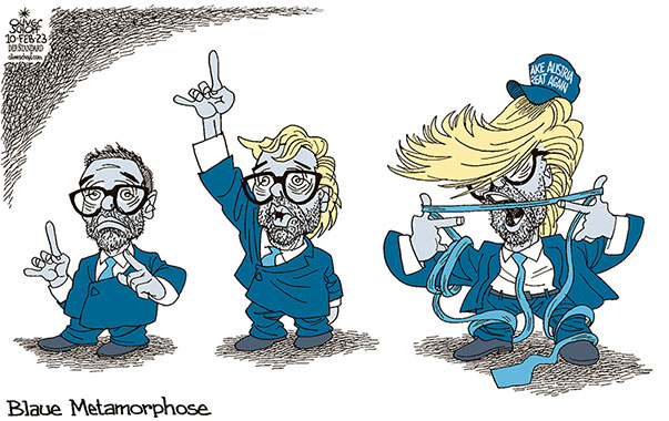 Oliver Schopf, politischer Karikaturist aus Österreich, politische Karikaturen aus Österreich, Karikatur Cartoon Illustrationen Politik Politiker Österreich 2023: FPÖ HERBERT KICKL DONALD TRUMP METAMORPHOSE FRISUR KRAWATTE BLAU MAGA MAKE AMERICA GREAT AGAIN 
