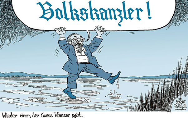 Oliver Schopf, politischer Karikaturist aus Österreich, politische Karikaturen aus Österreich, Karikatur Cartoon Illustrationen Politik Politiker Österreich 2024: FPÖ HERBERT KICKL VERANSTALTUNG GRAZ SCHWARZLSEE VOLKSKANZLER SPRECHBLASE  ÜBERS WASSER GEHEN HEILAND MESSIAS ERLÖSER 


