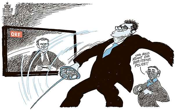  Oliver Schopf, politischer Karikaturist aus Österreich, politische Karikaturen, Illustrationen Archiv politische Karikatur Österreich: Parteien FPÖ 2018 FPÖ ORF PRERSSEFREIHEIT ARMIN WOLF HC STRACHE HERBERT KICKL SCHMISS MENSUR SCHLÄGER BURSCHENSCHAFTEN 


