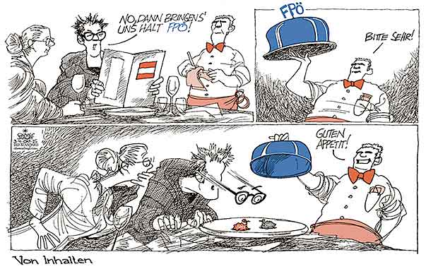 Oliver Schopf, politischer Karikaturist aus Österreich, politische Karikaturen aus Österreich, Karikatur Cartoon Illustrationen Politik Politiker Österreich 2015 : PARTEIEN FPÖ SPÖ ÖVP RESTAURANT ESSEN BESTELLEN OBER WAHL SERVIEREN INHALT 



