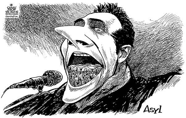  Oliver Schopf, politischer Karikaturist aus Österreich, politische Karikaturen, Illustrationen Archiv politische Karikatur Asylrecht Migration in Österreich  2015 FPOE HC STRACHE FLUECHTLINGE ZELTE ASYLPOLITIK MUND REDE HETZEN AUSLAENDER 



