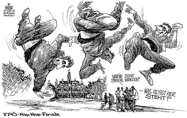 Oliver Schopf, politischer Karikaturist aus Österreich, politische Karikaturen aus Österreich, Karikatur Cartoon Illustrationen Politik Politiker Österreich 2015 : WIEN LANDTAGSWAHLEN FPÖ HC STRACHE HIP HOP RAP RATHAUS WAHLKAMPF


