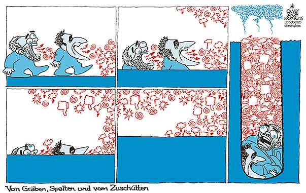  Oliver Schopf, politischer Karikaturist aus Österreich, politische Karikaturen, Illustrationen Archiv politische Karikatur Österreich: Parteien FPÖ 2016 FPÖ HC STRACHE HERBERT KICKL GRÄBEN SPALTEN ZUSCHÜTTEN AGGRESSION WORTE HASSPOSTINGS FACEBOOK BUNDESPRÄSIDENTENWAHL 2016 ANFECHTUNG

