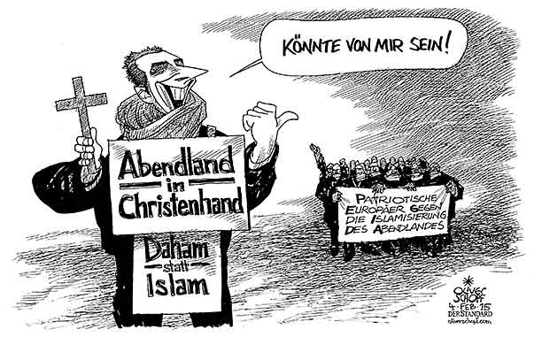 Oliver Schopf, politischer Karikaturist aus Österreich, politische Karikaturen aus Österreich, Karikatur Cartoon Illustrationen Politik Politiker Österreich 2015 PEGIDA FPOE STRACHE INTEGRATION IMMIGRANTEN ASYL ABENDLAND IN CHRISTENHAND ISLAMISIERUNG DAHAM ISLAM
