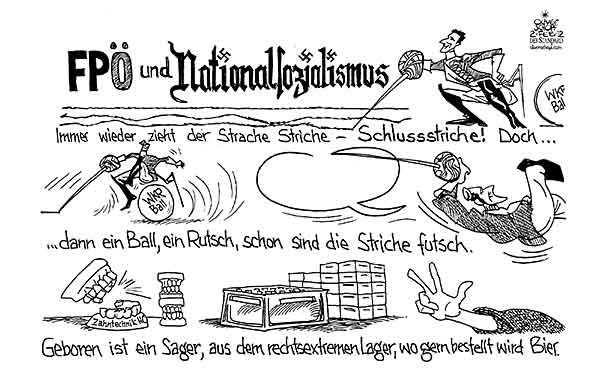  Oliver Schopf, politischer Karikaturist aus Österreich, politische Karikaturen, Illustrationen Archiv politische Karikatur Österreich: Parteien FPÖ 2012 FPOE STRACHE WKR BALL NEUE JUDEN SCHLUSSSTRICH WICHS SCHLAEGER

