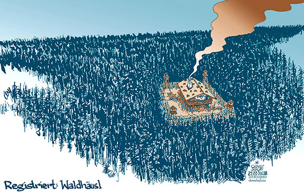  Oliver Schopf, politischer Karikaturist aus Österreich, politische Karikaturen, Illustrationen Archiv politische Karikatur Österreich: Parteien FPÖ 2018 FPÖ WALDHÄUSL NIEDERÖSTERREICH SCHÄCHTEN REGISTRIERUNG WALD LICHTUNG HOLZHAUS BRAUN ANTISEMITISMUS RASSISMUS RECHTS

