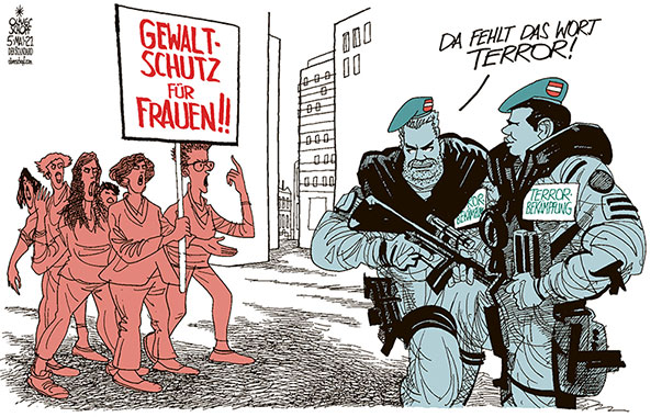  Oliver Schopf, politischer Karikaturist aus Österreich, politische Karikaturen, Illustrationen Archiv politische Karikatur Österreich: Polizei und Sicherheit 2021 REGIERUNG KOALITION TÜRKIS KURZ NEHAMMER TERROR BEKÄMPFUNG FRAUEN GEWALT GEWALTSCHUTZ FEMIZIDE FRAUENMORD

