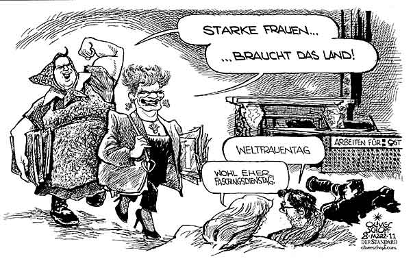 Oliver Schopf, politischer Karikaturist aus Österreich, politische Karikaturen aus Österreich, Karikatur, Illustrationen Politik Politiker Österreich 2011: weltfrauentag regierung koalition faymann proell fasching bundeskanzleramt ministerrat