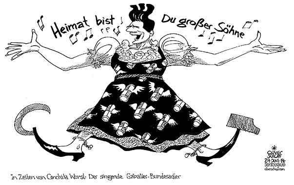  Oliver Schopf, politischer Karikaturist aus Österreich, politische Karikaturen, Illustrationen Archiv politische Karikatur Österreich 2014  BUNDESHYMNE ANDREAS GABALIER SOEHNE TOECHTER FORMEL 1 SPIELBERG BUNDESADLER FRAUEN GENDER DIRNDL
       