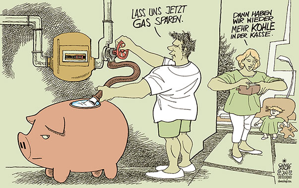 Oliver Schopf, politischer Karikaturist aus Österreich, politische Karikaturen aus Österreich, Karikatur Cartoon Illustrationen Politik Politiker Österreich 2022: GAS GASLIEFERUNG DROSSELN ENERGIE SPAREN SPARSCHWEIN KOHLE KOHLEKRAFTWERK GELD BÖRSEL KASSE FAMILIE WOHNUNG GASZÄHLER 



