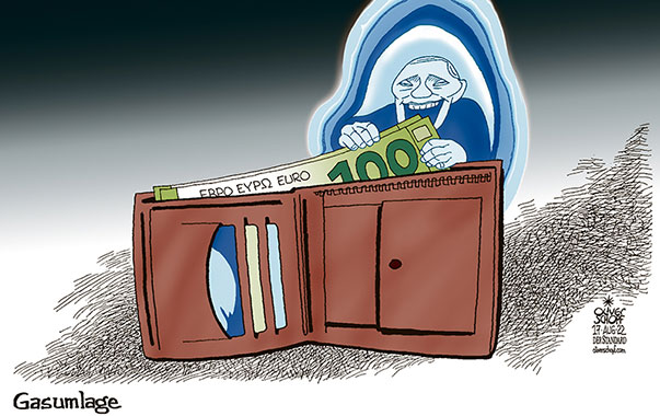 Oliver Schopf, politischer Karikaturist aus Österreich, politische Karikaturen aus Österreich, Karikatur Cartoon Illustrationen Politik Politiker Österreich 2022: ENERGIE GAS PUTIN GASFLAMME GASUMLAGE TEUERUNG GASPREIS GELDBEUTEL WALLET GELDTASCHE BRIEFTASCHE EURO BRENNEN






