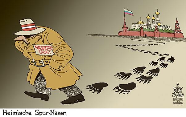 Oliver Schopf, politischer Karikaturist aus Österreich, politische Karikaturen aus Österreich, Karikatur Cartoon Illustrationen Politik Politiker Österreich 2022: GEHEIMDIENST HEERESNACHRICHTENDIENST BVT RUSSLAND KREML BÄR BÄRENSPUREN SPÜRNASE SPUR SCHLAPPHUT 





