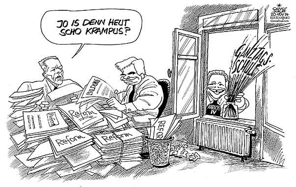 Oliver Schopf, politischer Karikaturist aus Österreich, politische Karikaturen aus Österreich, Karikatur, Illustrationen, Cartoon Politik Politiker Österreich 2014 FAYMANN MITTERLEHNER REGIERUNG KOALITION GESAMTSCHULE INDUSTRIELLENVEREINIGUNG GEORG KAPSCH KRAMPUS RUTE IM FENSTER





