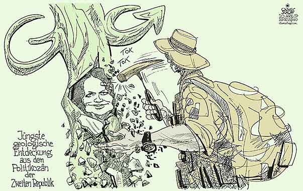  Oliver Schopf, politischer Karikaturist aus Österreich, politische Karikaturen, Illustrationen Archiv politische Karikatur Österreich 2017 DIE GRÜNEN GLAWISCHNIG BAUM VERSTEINERUNG FOSSIL GEOLOGE HAMMER PROBE SCHICHT
