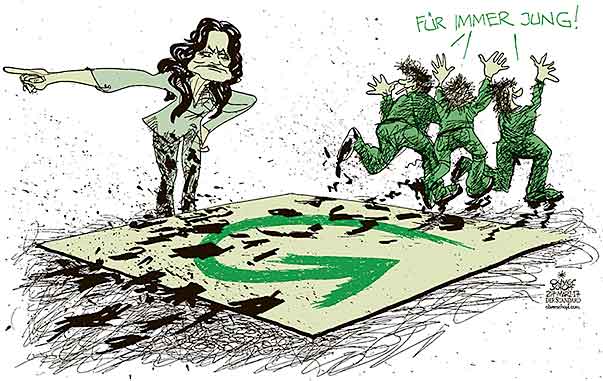  Oliver Schopf, politischer Karikaturist aus Österreich, politische Karikaturen, Illustrationen Archiv politische Karikatur Österreich 2017 DIE GRÜNEN GLAWISCHNING JUNGE GRÜNE KONFLIKT SCHMUTZ DRECK SCHUHE TEPPICH SAUBERKEIT 

