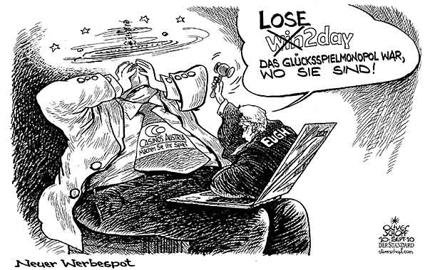 Oliver Schopf, politischer Karikaturist aus Österreich, politische Karikaturen aus Österreich, Karikatur, Illustrationen Politik Politiker Österreich 2010: gluecksspiel monopol eugh urteil casinos austria win2day werbespot „das glueck ist wo sie sind“