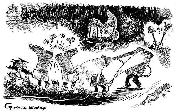 Oliver Schopf, politischer Karikaturist aus Österreich, politische Karikaturen aus Österreich, Karikatur, Illustrationen Politik Politiker Österreich 2010: : gruene biotop streit pilz gartenzwerg giesskanne frosch