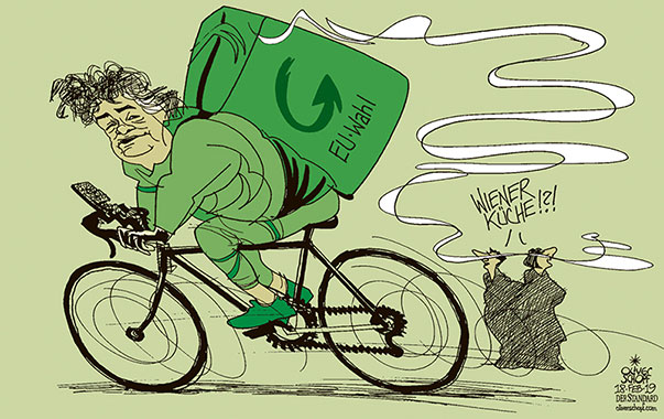 Oliver Schopf, politischer Karikaturist aus Österreich, politische Karikaturen aus Österreich, Karikatur Cartoon Illustrationen Politik Politiker Österreich 2019 : DIE GRÜNEN EU EUROPA WAHL WERNER KOGLER SARAH WIENER FAHRRAD LIEFERSERVICE ESSEN SPEISEN BOTE WIENER KÜCHE
