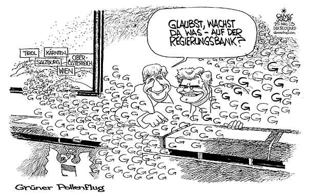 Oliver Schopf, politischer Karikaturist aus Österreich, politische Karikaturen aus Österreich, Karikatur, Illustrationen Politik Politiker Österreich  2013 DIE GRUENEN LANDTAGSWAHLEN TIROL KAERNTEN OBEROESTERREICH SALZBURG WIEN REGIERUNG VERANTWORTUNG REGIERUNGSBANK FAYMANN SPINDELEGGER POLLEN WACHSEN 


