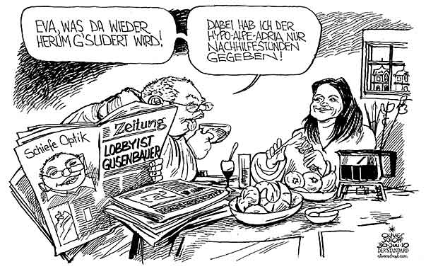 Oliver Schopf, politischer Karikaturist aus Österreich, politische Karikaturen aus Österreich, Karikatur, Illustrationen Politik Politiker Österreich 2010: gusenbauer eva steiner lobbying hypo alpe adria medien zeitung sudern nachhilfe fruehstueck