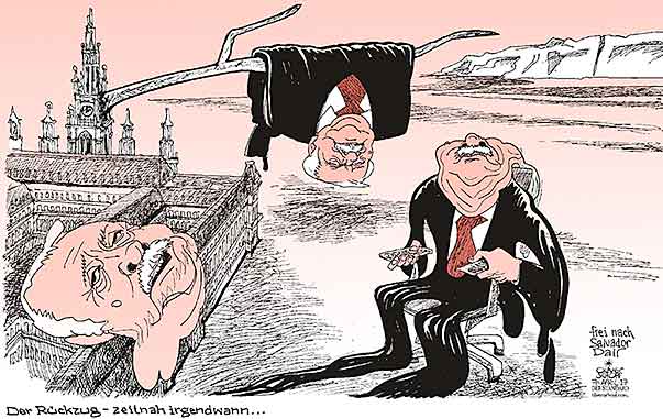 Oliver Schopf, politischer Karikaturist aus Österreich, politische Karikaturen aus Österreich, Karikatur Cartoon Illustrationen Politik Politiker Österreich 2017  WIEN MICHAEL HÄUPL RÜCKZUG RÜCKTRITT ZEITNAH RATHAUS GEMÄLDE SALAVADOR DALI VERRINNENDE ZEIT UHREN   