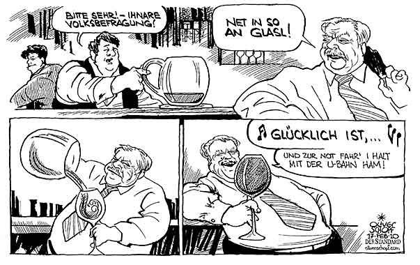 Oliver Schopf, politischer Karikaturist aus Österreich, politische Karikaturen aus Österreich, Karikatur, Illustrationen Politik Politiker Österreich 2010: wien haeupl volksbefragung glas weinglas trinken