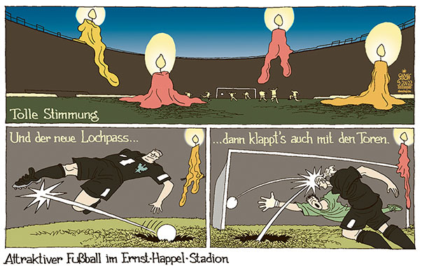 Oliver Schopf, politischer Karikaturist aus Österreich, politische Karikaturen aus Österreich, Karikatur Cartoon Illustrationen Politik Politiker Österreich 2022: FUSSBALL ERNST HAPPEL STADION SPIEL ÖSTERREICH DÄNEMARK UEFA NATIONS LEAGUE LICHT STROMAUSFALL KERZEN RASEN LOCH LOCHPASS 
