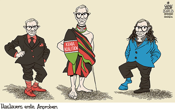 Oliver Schopf, politischer Karikaturist aus Österreich, politische Karikaturen aus Österreich, Karikatur Cartoon Illustrationen Politik Politiker Österreich 2023: SALZBURG LANDTAGSWAHLEN WILFRIED HASLAUER KOALITIONEN OPTIONEN MÖGLICHKEITEN ÖVP SPÖ DIE GRÜNEN FPÖ SCHWARZ-ROT SCHWARZ-ROT-GRÜN SCHWARZ-BLAU KENIA-KOALITION MASSAI PFERDEFUSS 










