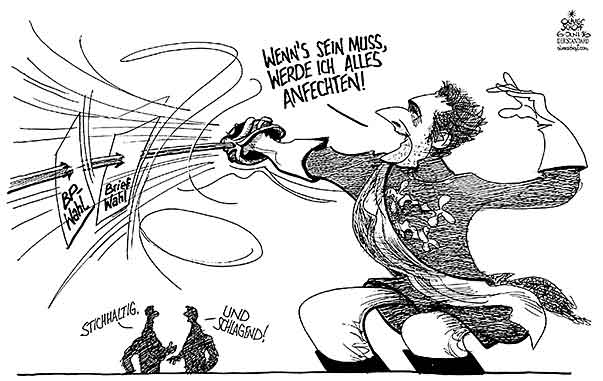  Oliver Schopf, politischer Karikaturist aus Österreich, politische Karikaturen, Illustrationen Archiv politische Karikatur Österreich: Parteien FPÖ 2016 FPÖ HC STRACHE ANFECHTEN BUNDESPRÄSIDENTENWAHL STICHWAHL BRIEFWAHL SÄBEL MENSUR SCHLAGENDE VERBINDUNG 

