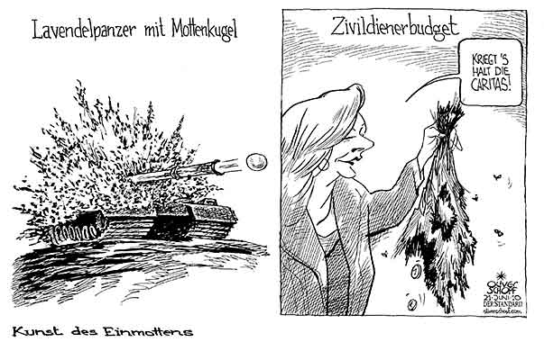 Oliver Schopf, politischer Karikaturist aus Österreich, politische Karikaturen aus Österreich, Karikatur, Illustrationen Politik Politiker Österreich 2010: bundesheer zivildiener budget fekter einmotten panzer lavendel mottenkugel caritas